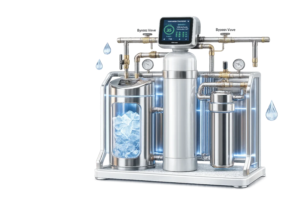 Water softener system installed in a home utility room